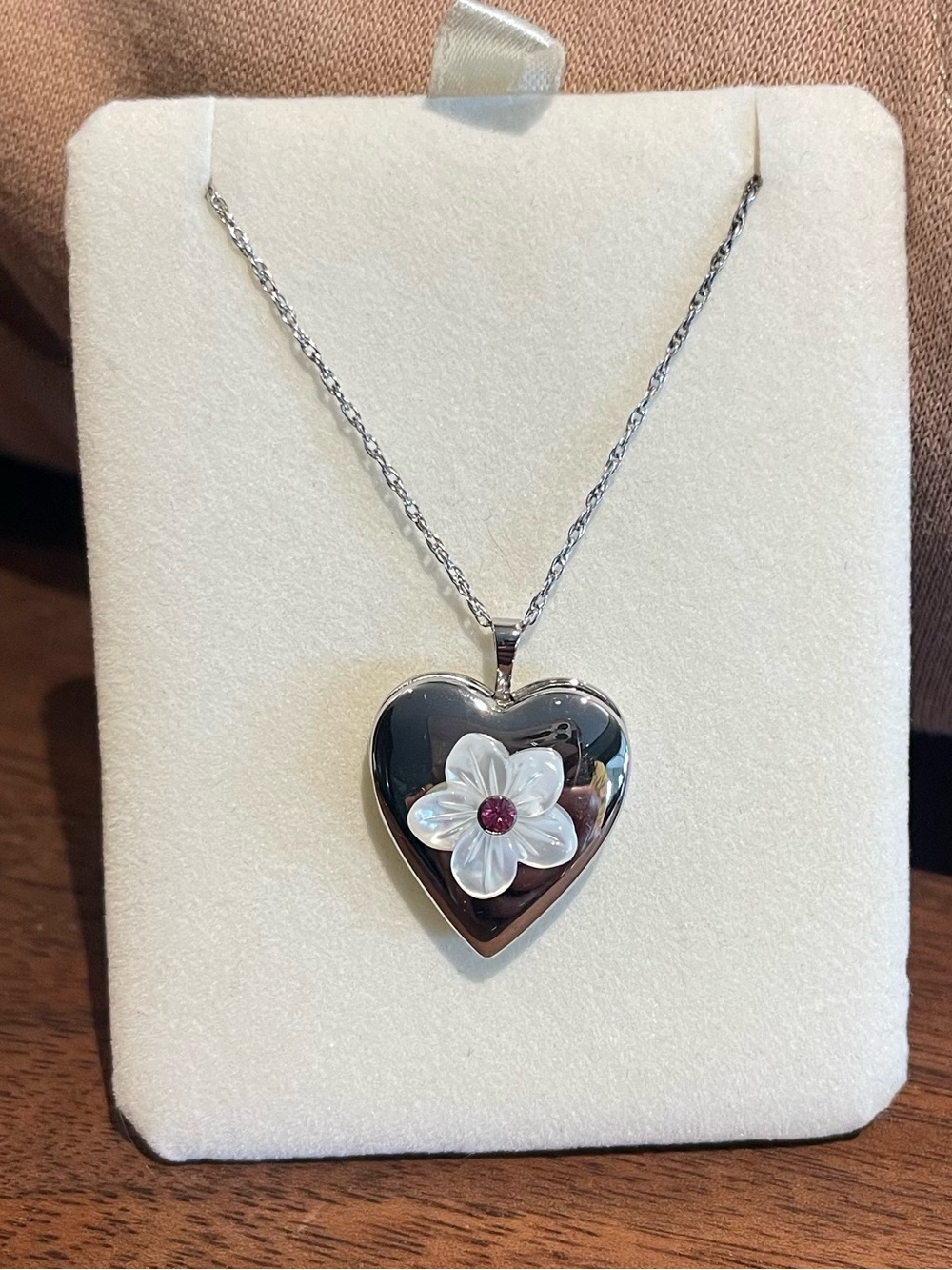 Silver Heart Locket Necklace with White Flower and Pink Center